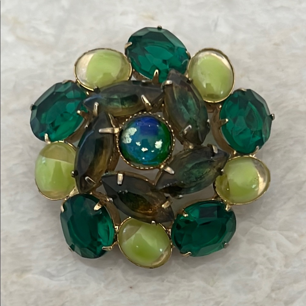 Juliana Green Opaline Marquise Glass Rhinestone Flower Gold tone Brooch